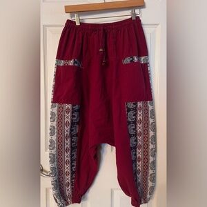 Bohemian Red Burgundy Harem Pants with Patterned Stripes Medium/Large